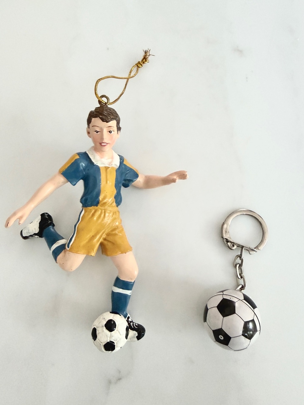 Vintage Soccer Player Ornament and Soccer Ball Keychain Bundle y2k lot 4.25"H